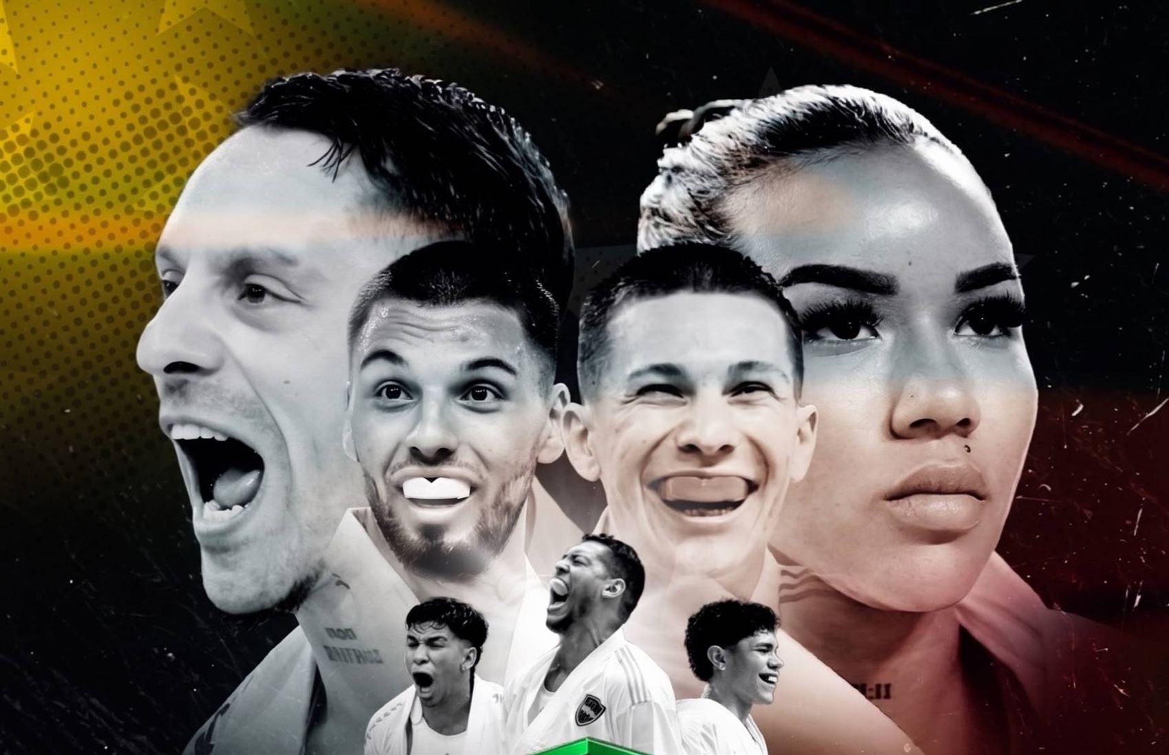 Retratos de atletas de Urban Karate Team sobre un fondo negro con destellos amarillos y rojos