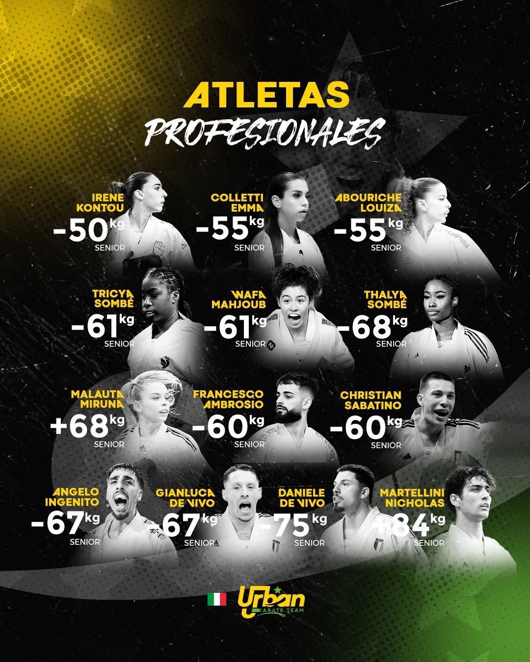 Flyer de atletas profesionales de Urban Italia, con sus categorías de peso