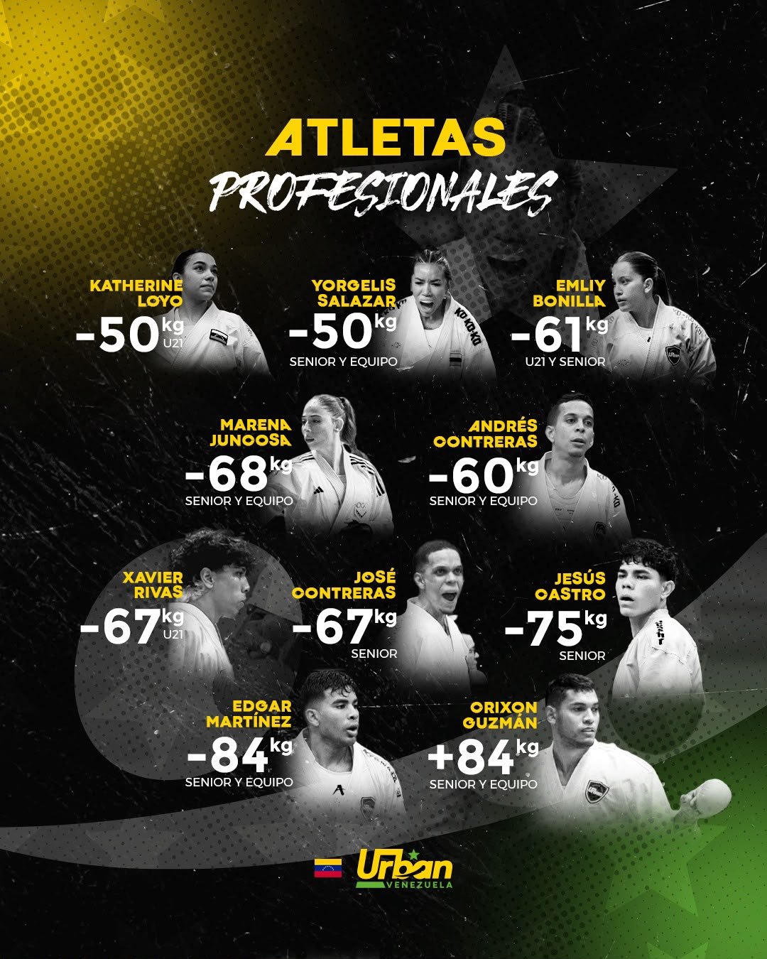 Flyer de atletas profesionales de Urban Venezuela, con sus categorías de peso